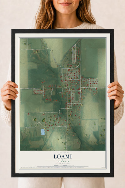Map of Loami, Illinois, 18 x 24 inch print in a black wood frame