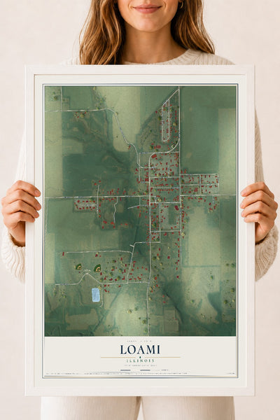 Map of Loami, Illinois, 18 x 24 inch print in a white wood frame