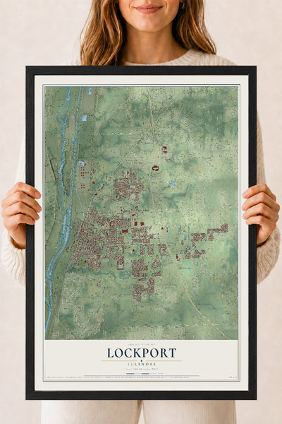Map of Lockport, Illinois, 18 x 24 inch print in a black wood frame