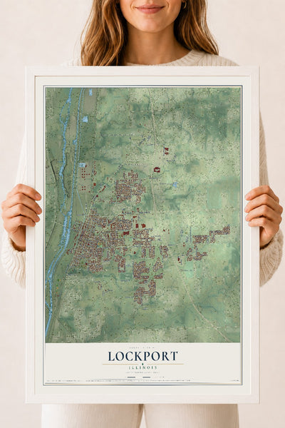 Map of Lockport, Illinois, 18 x 24 inch print in a white wood frame