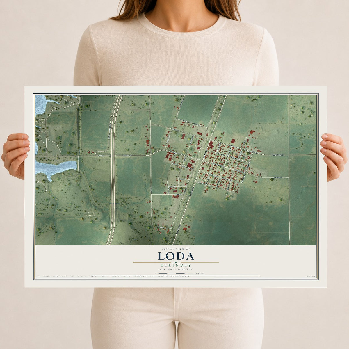 Map of Loda, Illinois, 12 x 18 inch unframed archival matte print