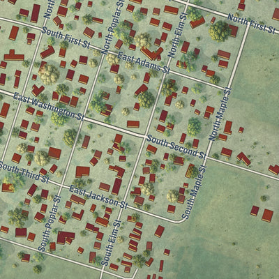 Close-up of the map of Loda, Illinois print showing street and building detail