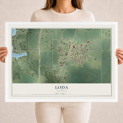 Map of Loda, Illinois, 18 x 24 inch print in a white wood frame