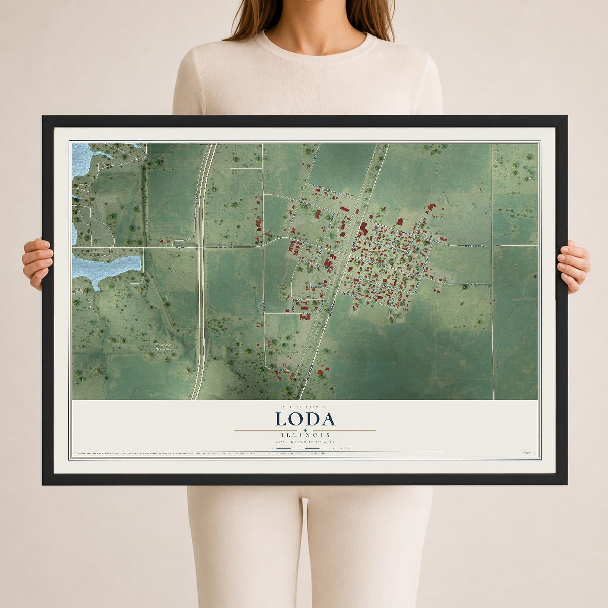 Map of Loda, Illinois, 24 x 36 inch print in a black wood frame