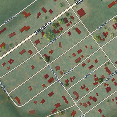 Close-up of the map of Lomax, Illinois print showing street and building detail