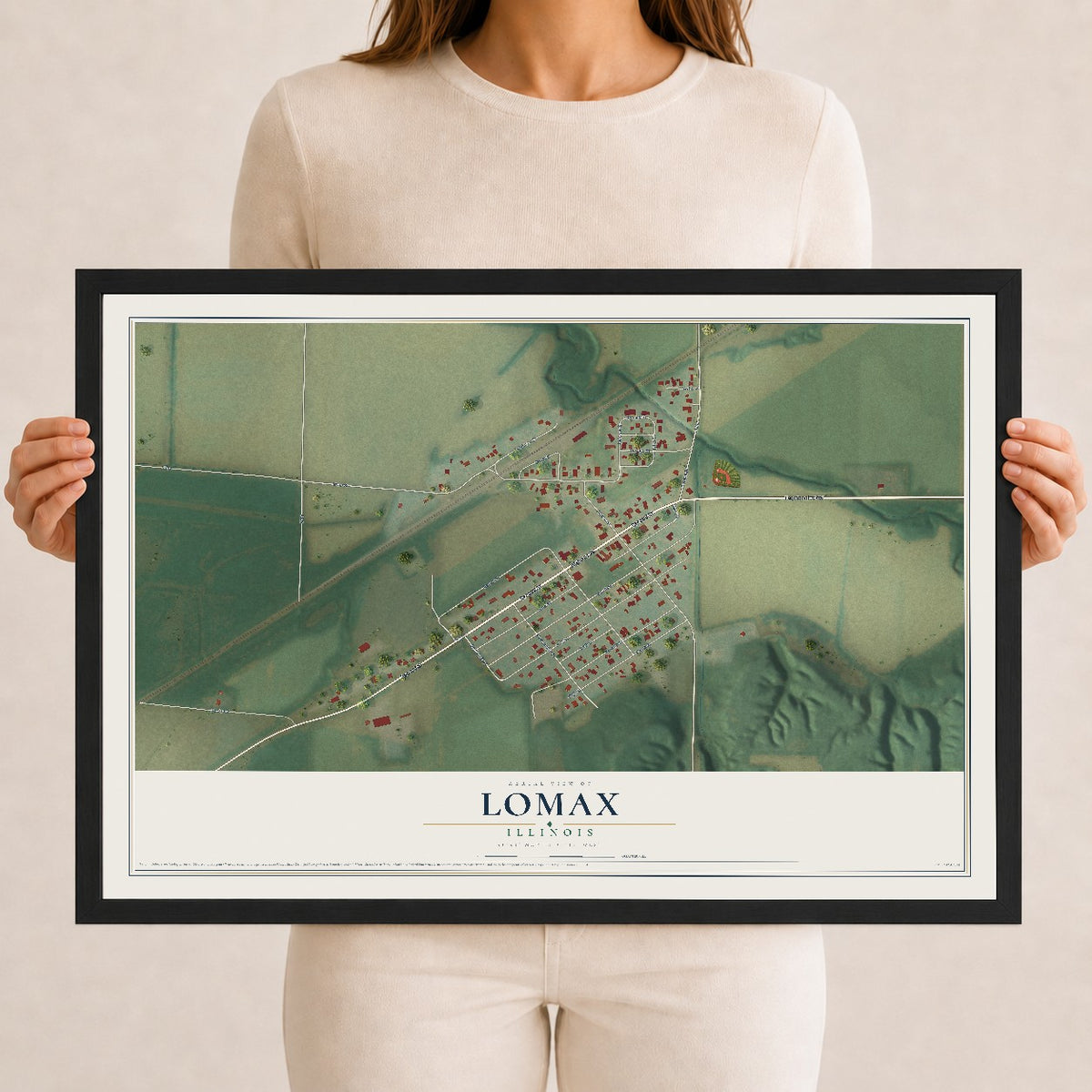Map of Lomax, Illinois, 12 x 18 inch print in a black wood frame
