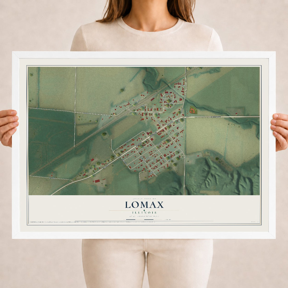 Map of Lomax, Illinois, 18 x 24 inch print in a white wood frame