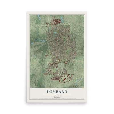 Map of Lombard, Illinois, 12 x 18 inch unframed archival matte print