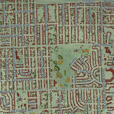 Close-up of the map of Lombard, Illinois print showing street and building detail
