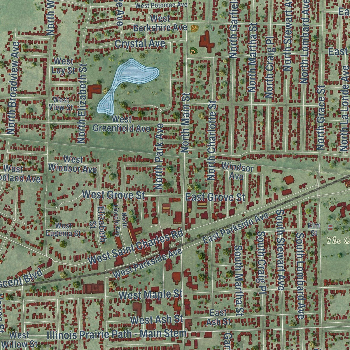 Second close-up of the map of Lombard, Illinois print showing more streets and buildings
