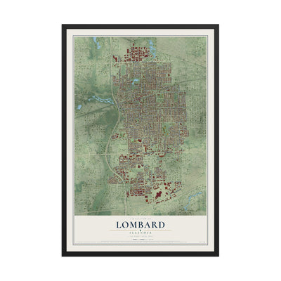 Map of Lombard, Illinois, 12 x 18 inch print in a black wood frame