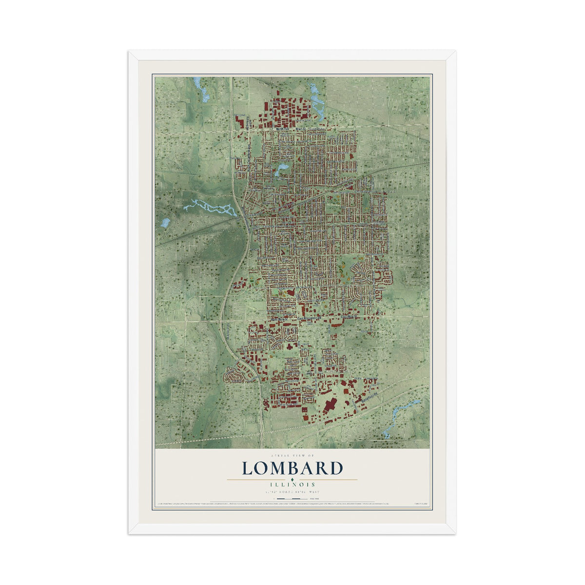 Map of Lombard, Illinois, 12 x 18 inch print in a white wood frame