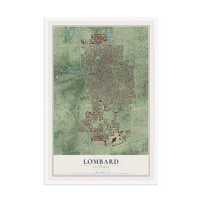 Map of Lombard, Illinois, 12 x 18 inch print in a white wood frame