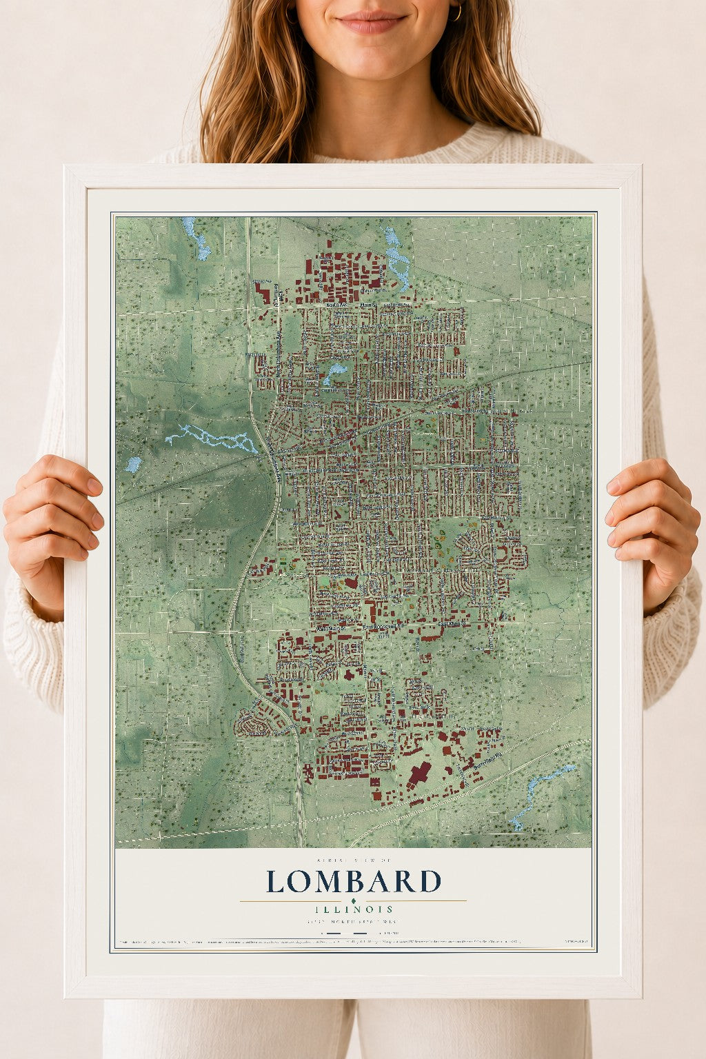 Map of Lombard, Illinois, 18 x 24 inch print in a white wood frame