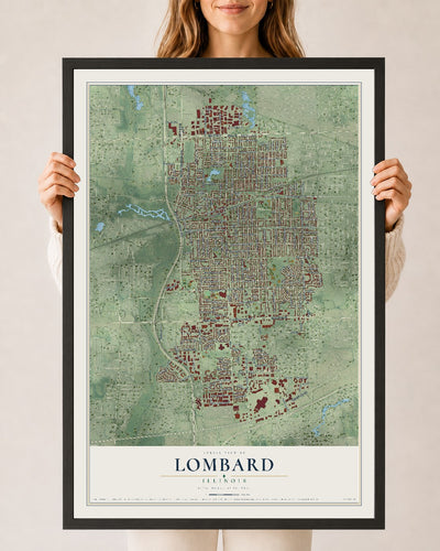 Map of Lombard, Illinois, 24 x 36 inch print in a black wood frame