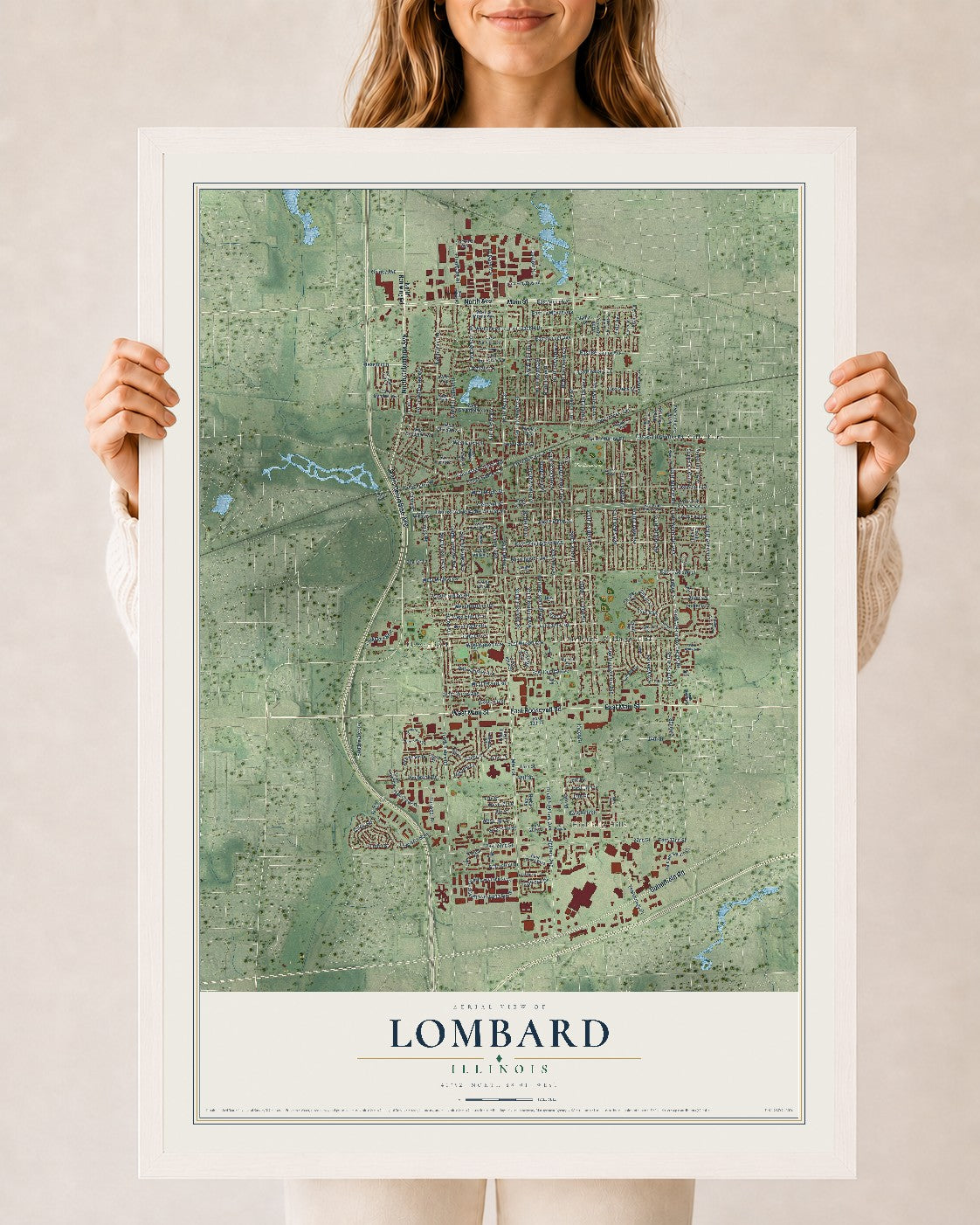 Map of Lombard, Illinois, 24 x 36 inch print in a white wood frame