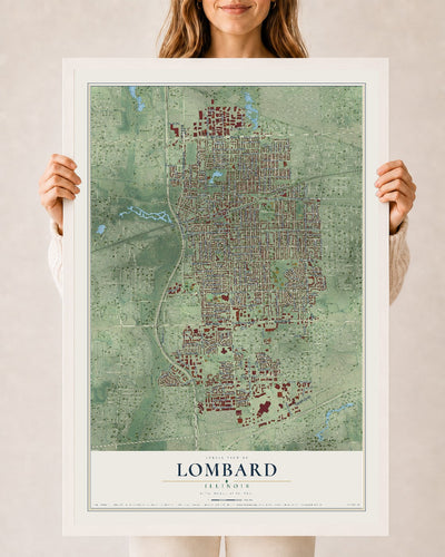 Map of Lombard, Illinois, 24 x 36 inch print in a white wood frame
