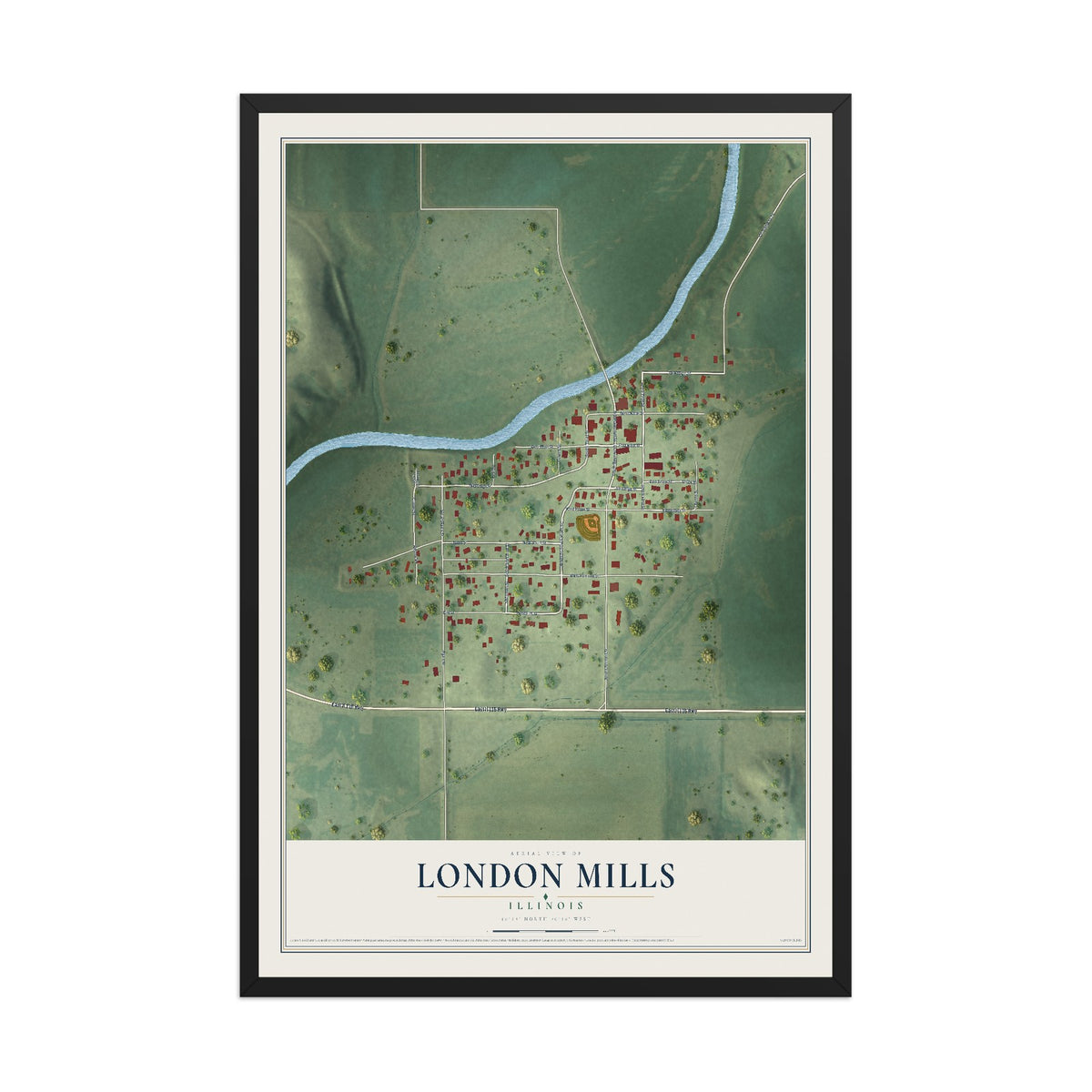 Map of London Mills, Illinois, 12 x 18 inch print in a black wood frame