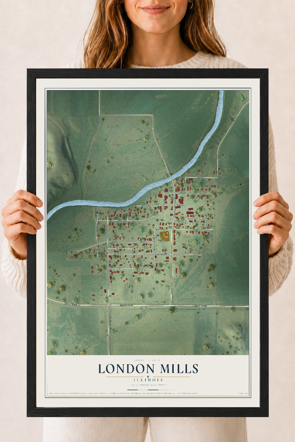 Map of London Mills, Illinois, 18 x 24 inch print in a black wood frame
