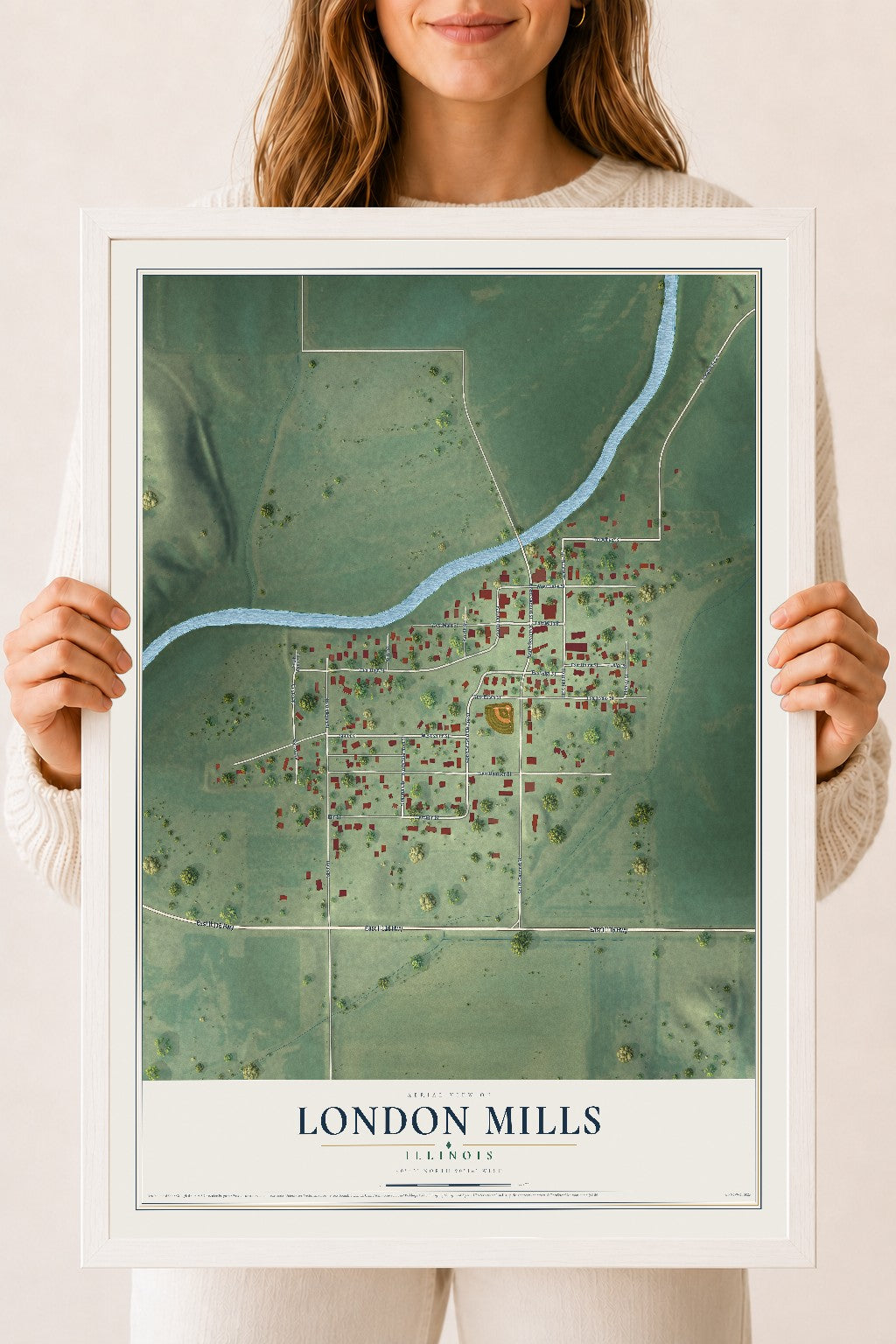 Map of London Mills, Illinois, 18 x 24 inch print in a white wood frame
