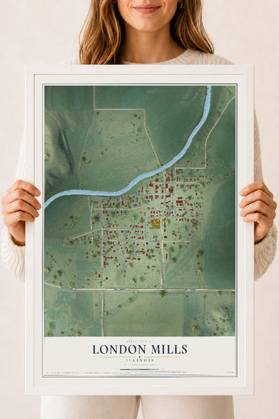 Map of London Mills, Illinois, 18 x 24 inch print in a white wood frame