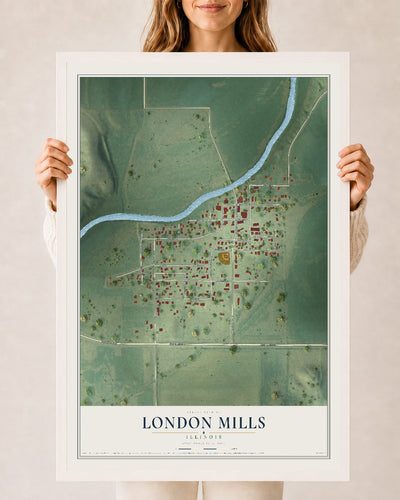 Map of London Mills, Illinois, 24 x 36 inch print in a white wood frame