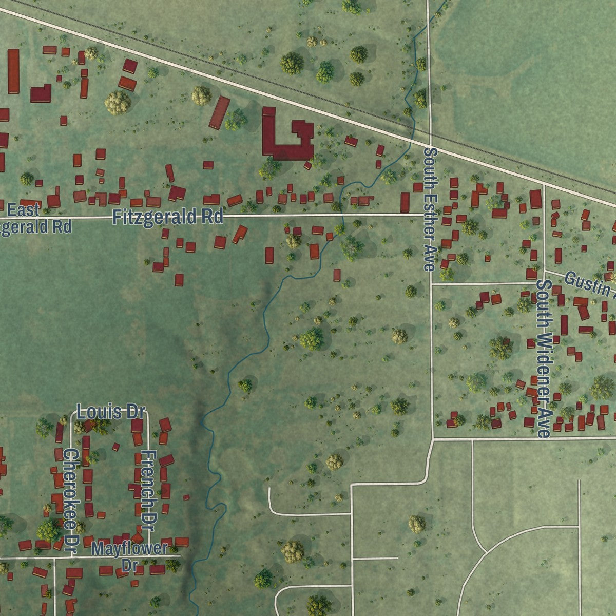 Close-up of the map of Long Creek, Illinois print showing street and building detail