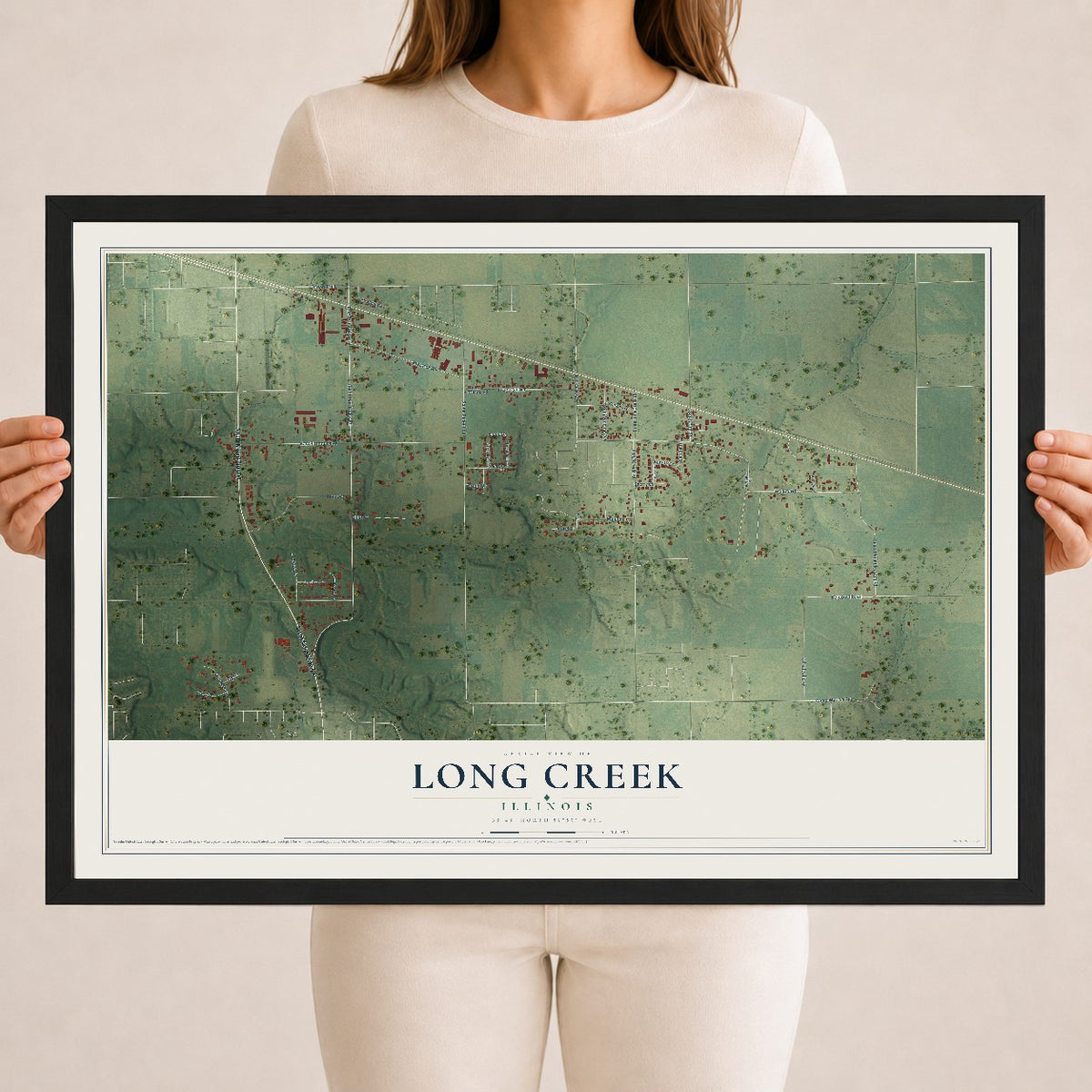 Map of Long Creek, Illinois, 18 x 24 inch print in a black wood frame