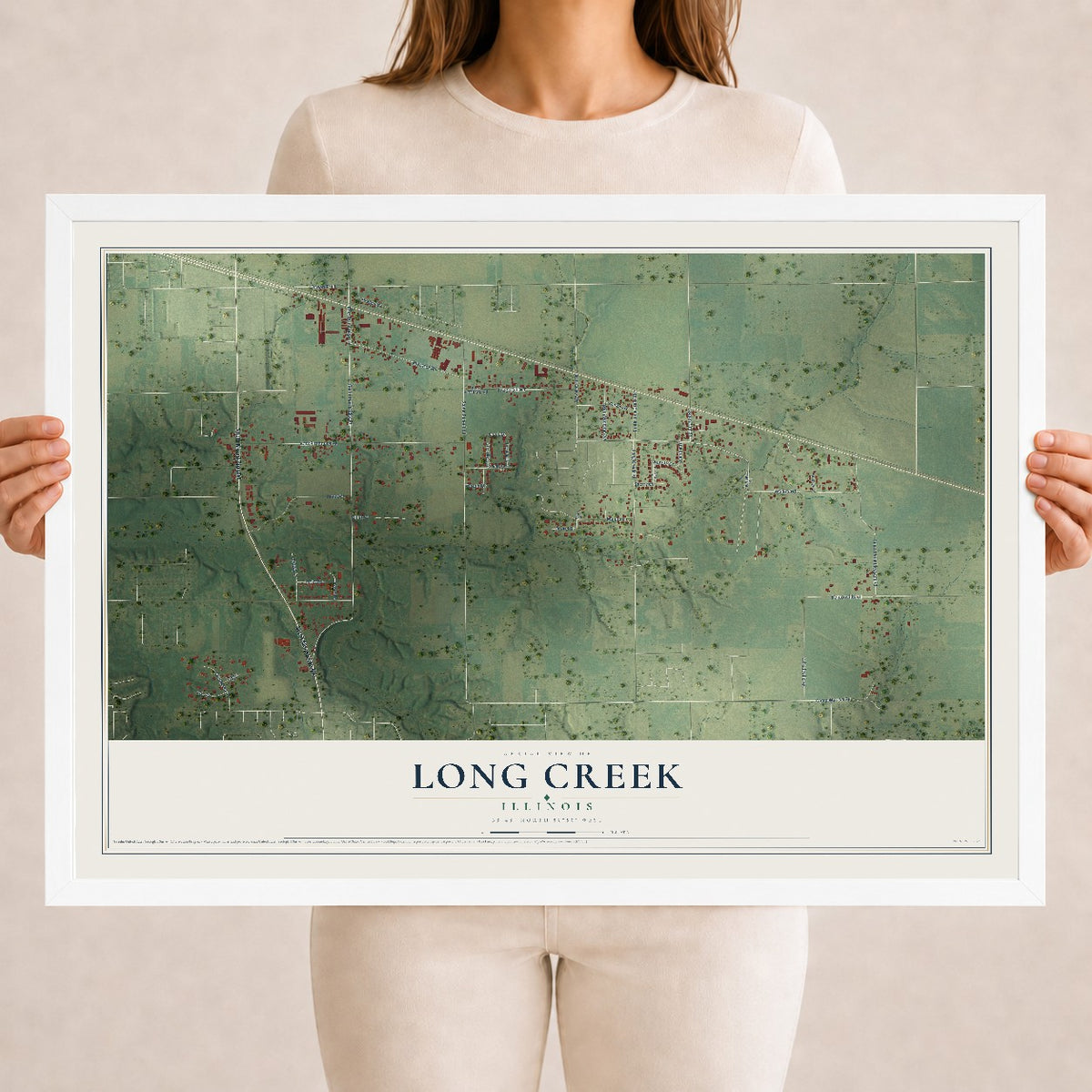 Map of Long Creek, Illinois, 18 x 24 inch print in a white wood frame