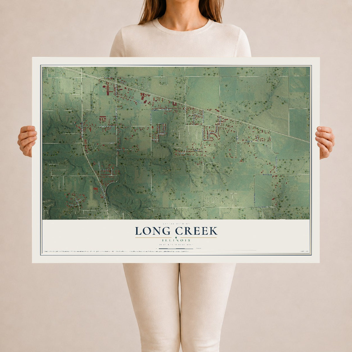 Map of Long Creek, Illinois, 24 x 36 inch unframed archival matte print