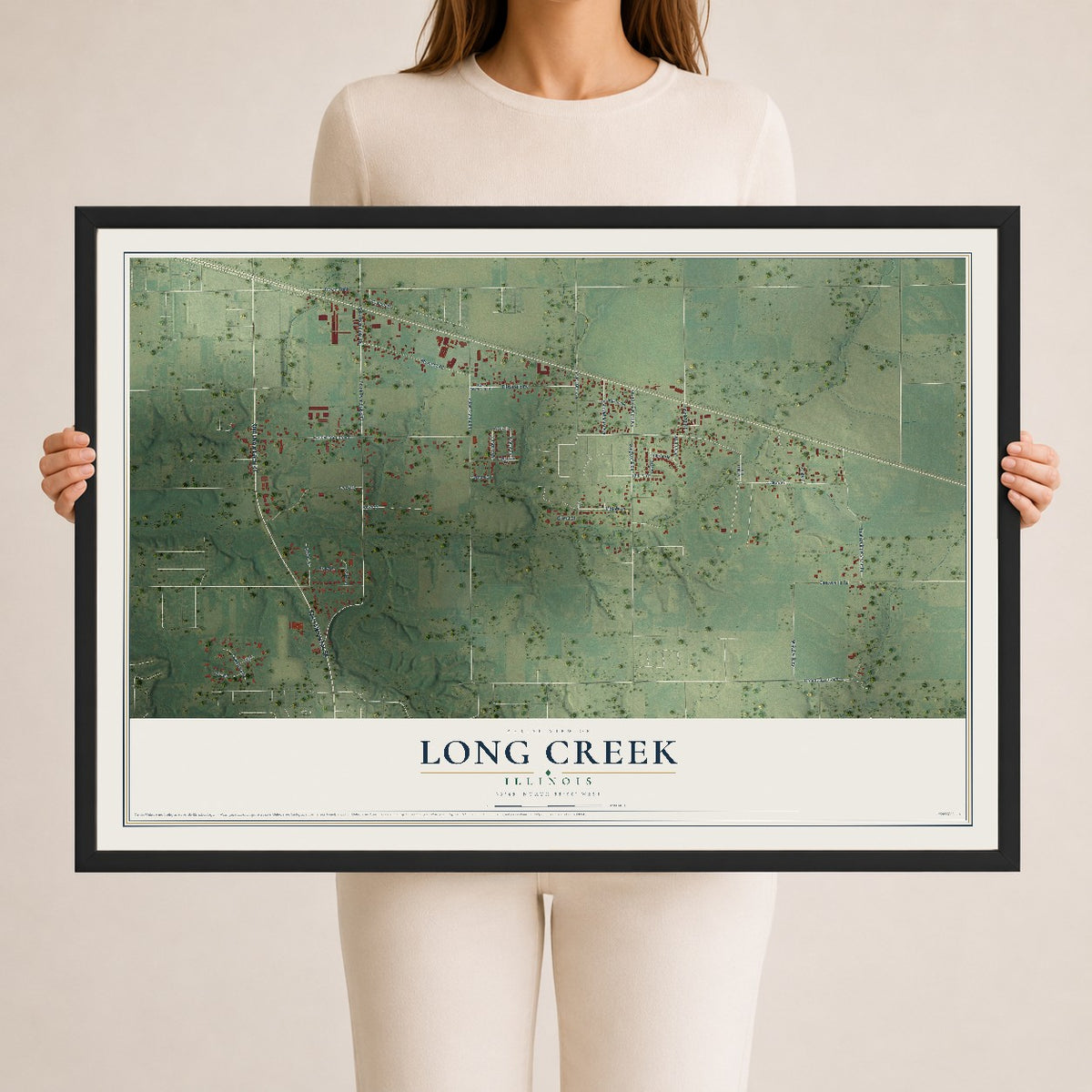 Map of Long Creek, Illinois, 24 x 36 inch print in a black wood frame