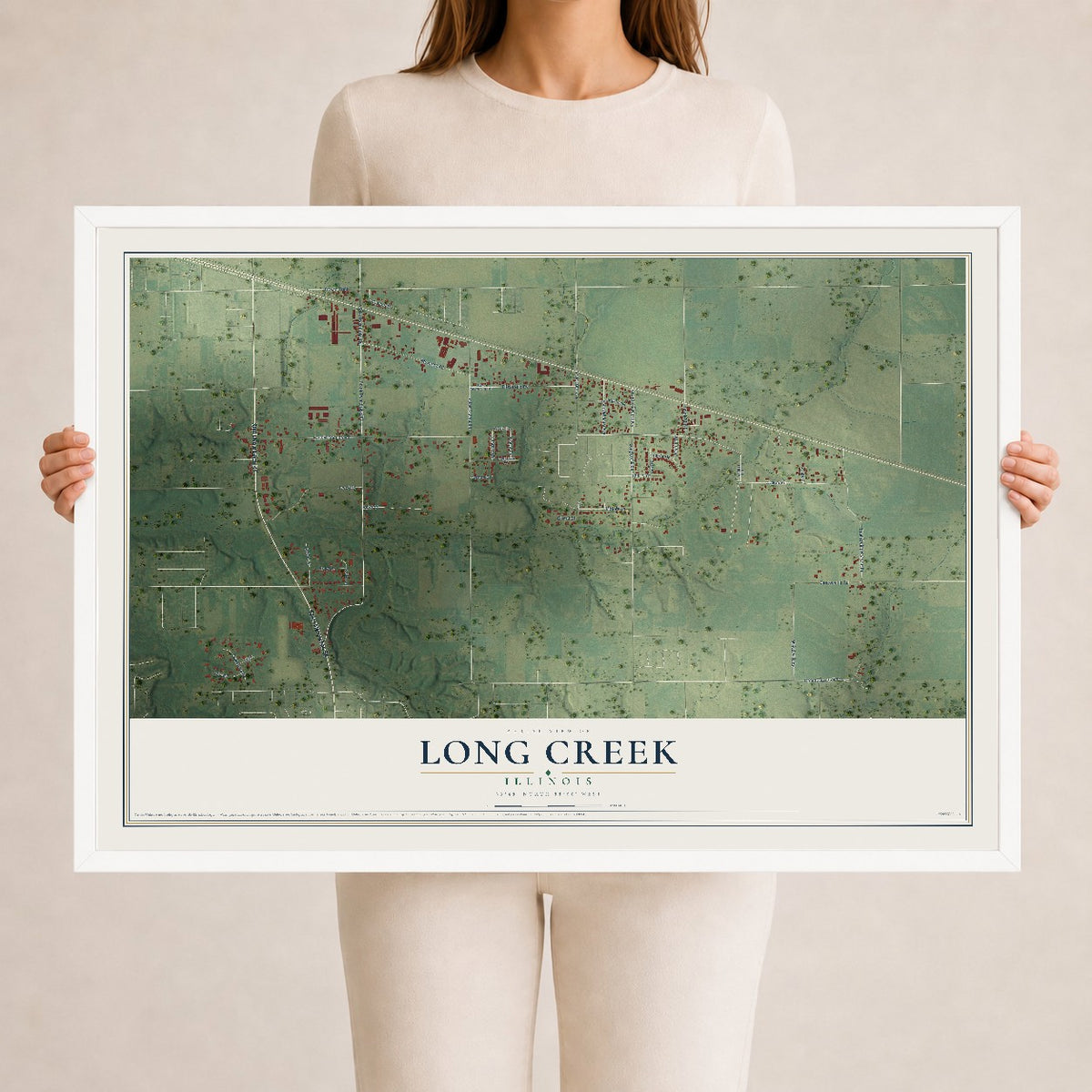 Map of Long Creek, Illinois, 24 x 36 inch print in a white wood frame
