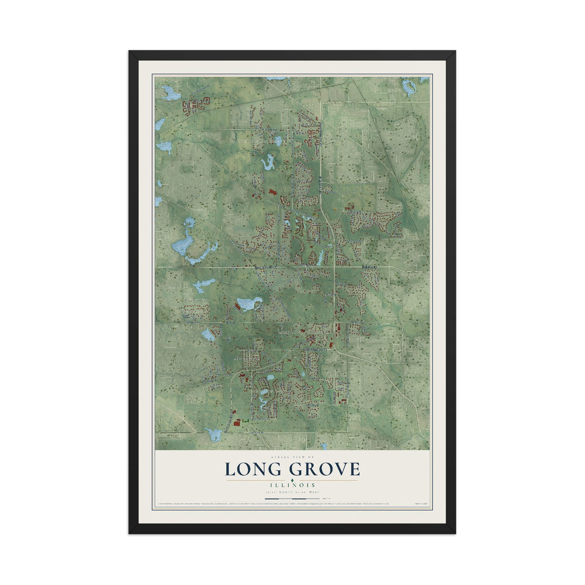 Map of Long Grove, Illinois, 12 x 18 inch print in a black wood frame