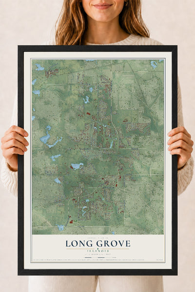 Map of Long Grove, Illinois, 18 x 24 inch print in a black wood frame