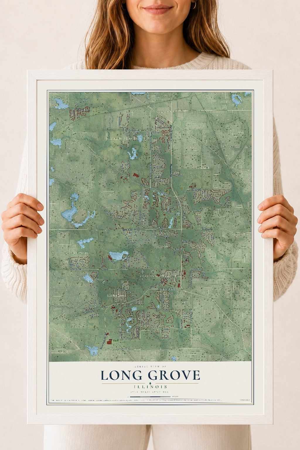 Map of Long Grove, Illinois, 18 x 24 inch print in a white wood frame