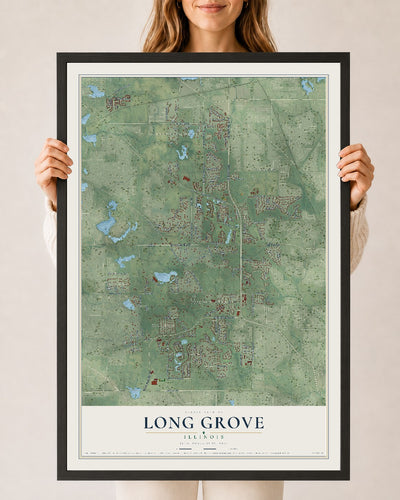 Map of Long Grove, Illinois, 24 x 36 inch print in a black wood frame