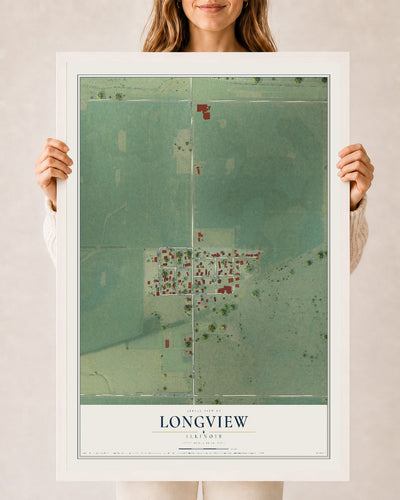 Map of Longview, Illinois, 24 x 36 inch print in a white wood frame
