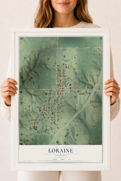Map of Loraine, Illinois, 18 x 24 inch print in a white wood frame
