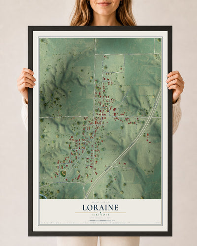 Map of Loraine, Illinois, 24 x 36 inch print in a black wood frame