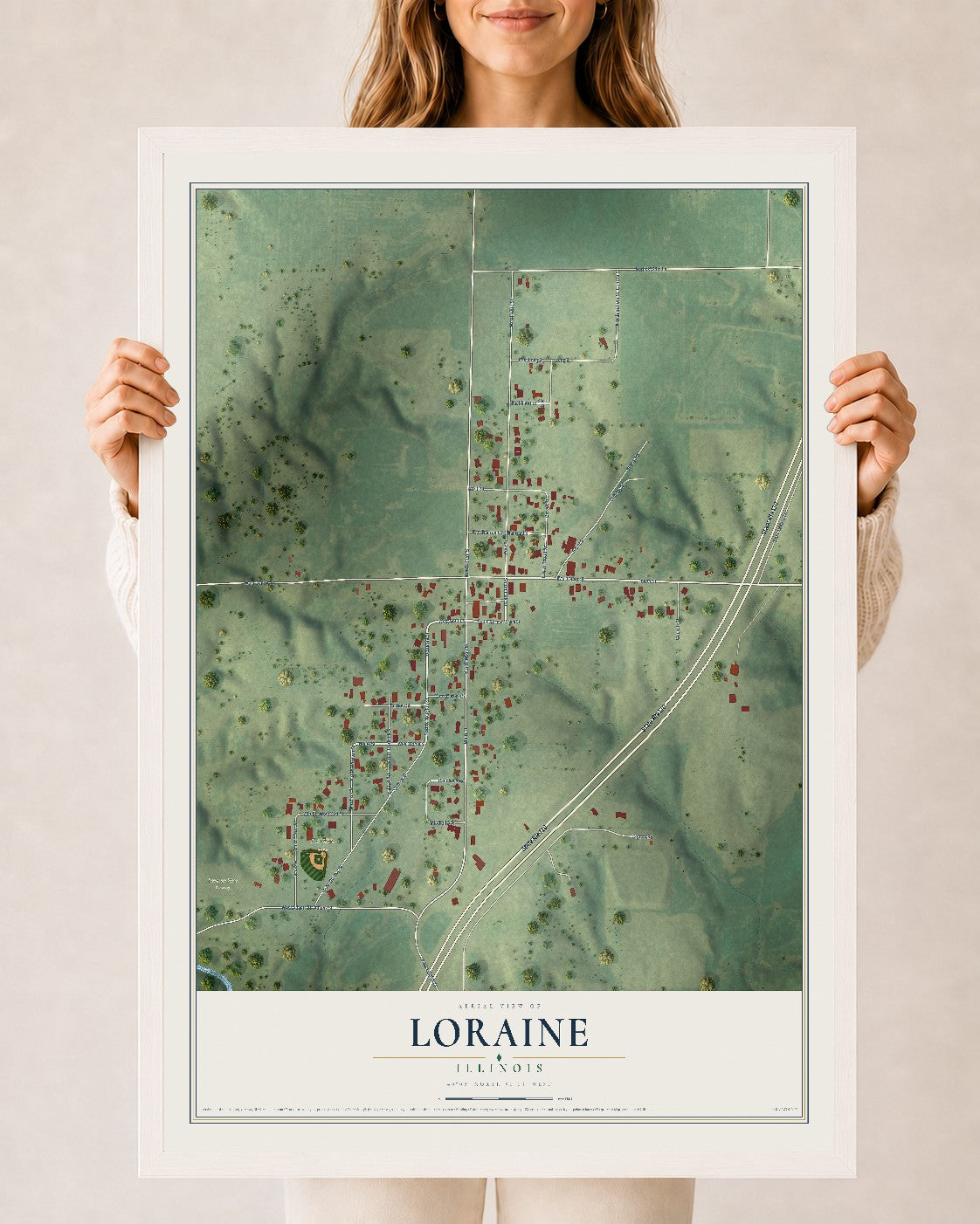 Map of Loraine, Illinois, 24 x 36 inch print in a white wood frame