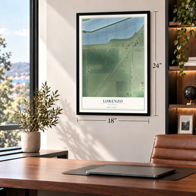 Lorenzo, Illinois map, 18 x 24 inch print in a black frame in a home office