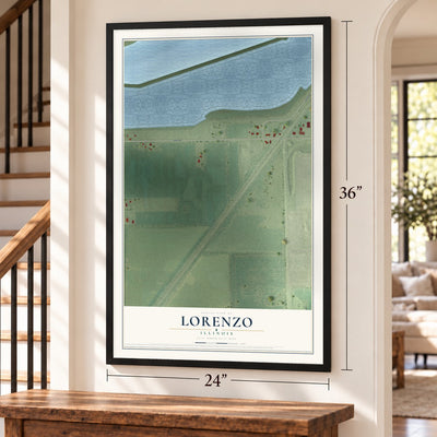 Lorenzo, Illinois map, 24 x 36 inch print in a black frame by a staircase