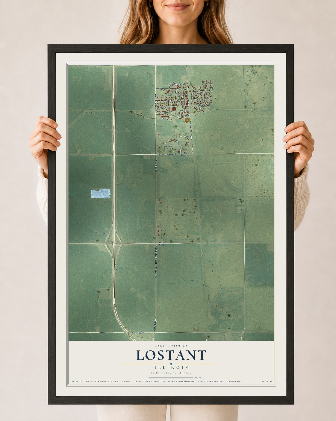 Map of Lostant, Illinois, 24 x 36 inch print in a black wood frame