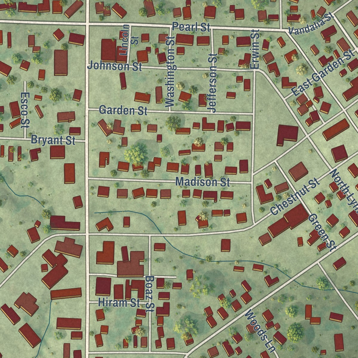 Close-up of the map of Louisville, Illinois print showing street and building detail