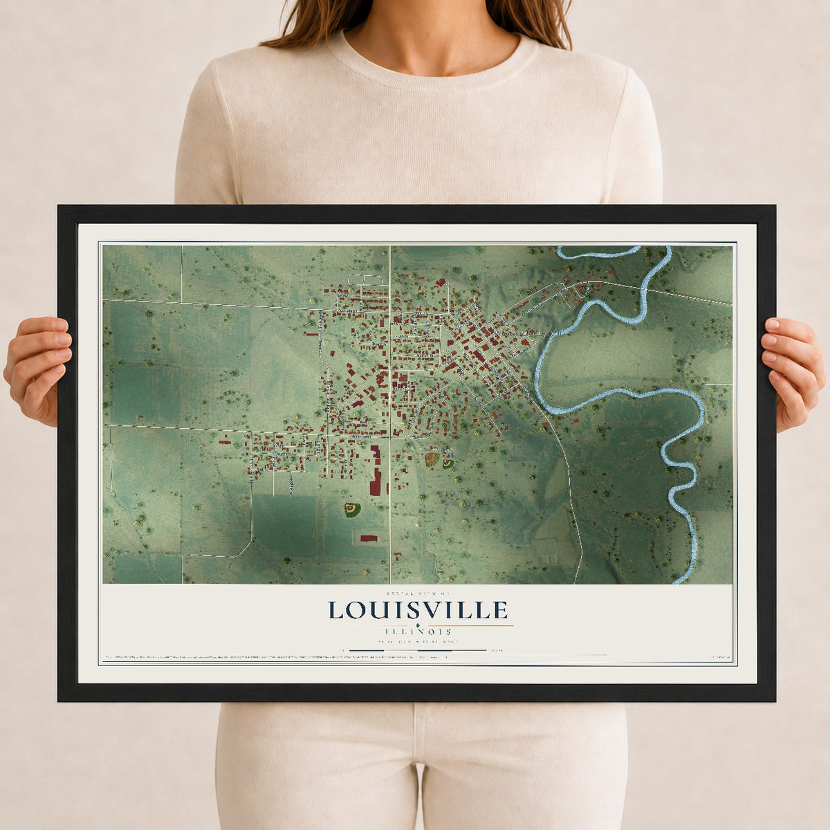 Map of Louisville, Illinois, 12 x 18 inch print in a black wood frame