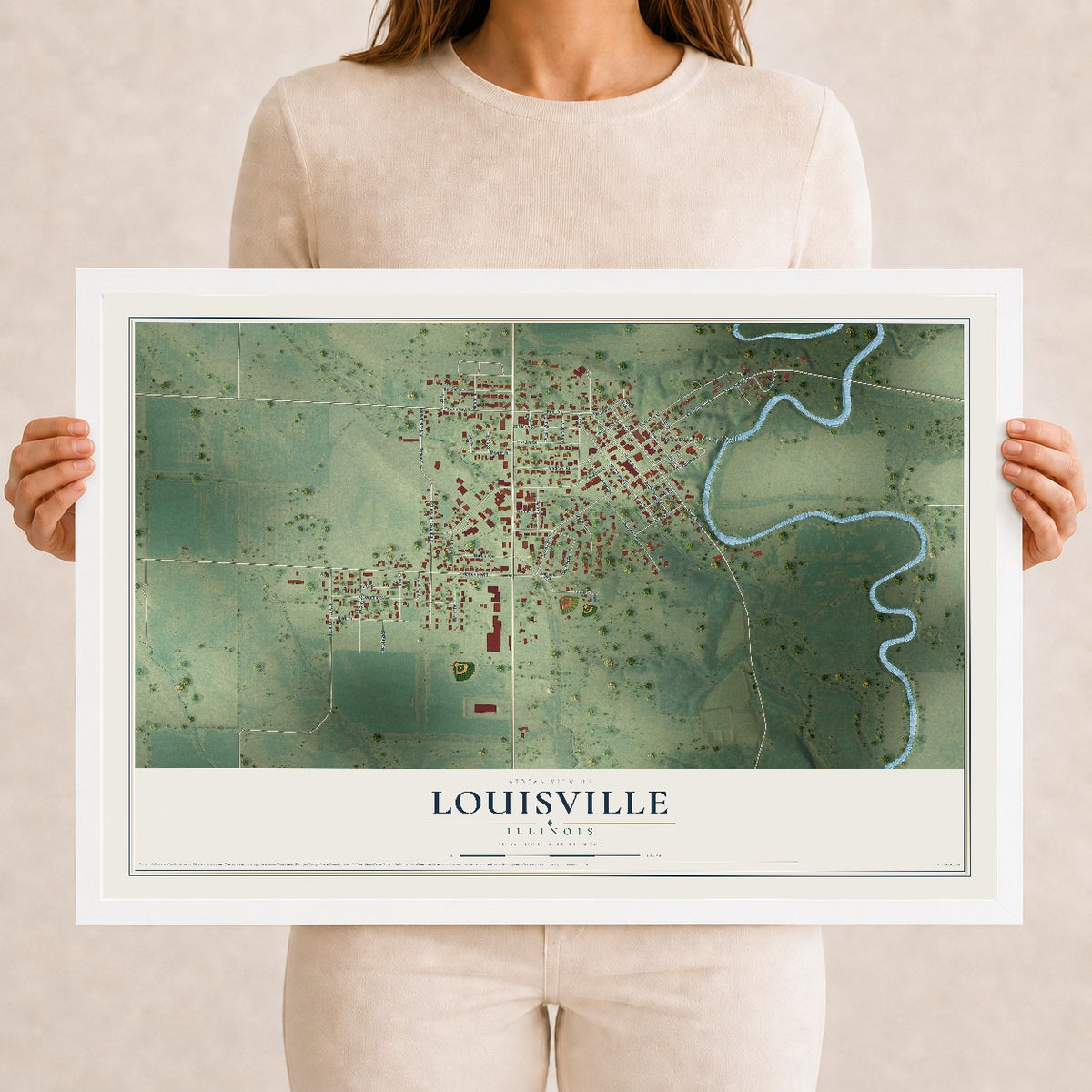 Map of Louisville, Illinois, 12 x 18 inch print in a white wood frame