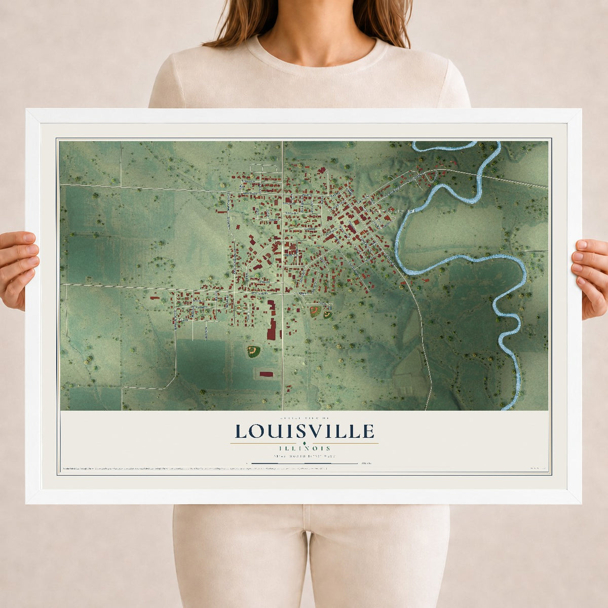 Map of Louisville, Illinois, 18 x 24 inch print in a white wood frame