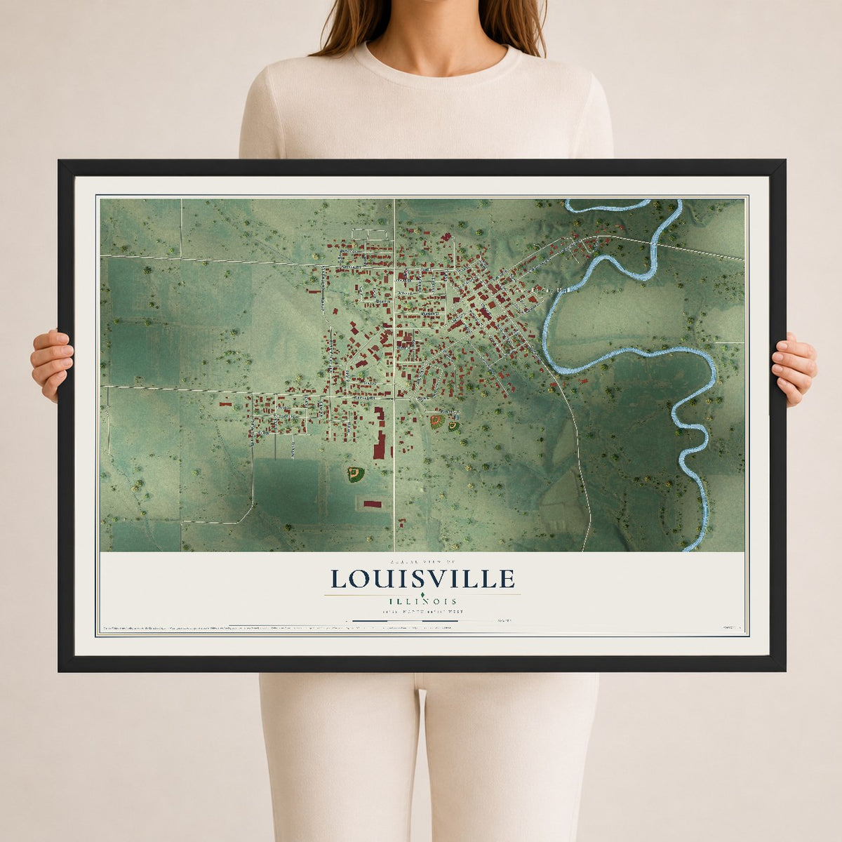 Map of Louisville, Illinois, 24 x 36 inch print in a black wood frame