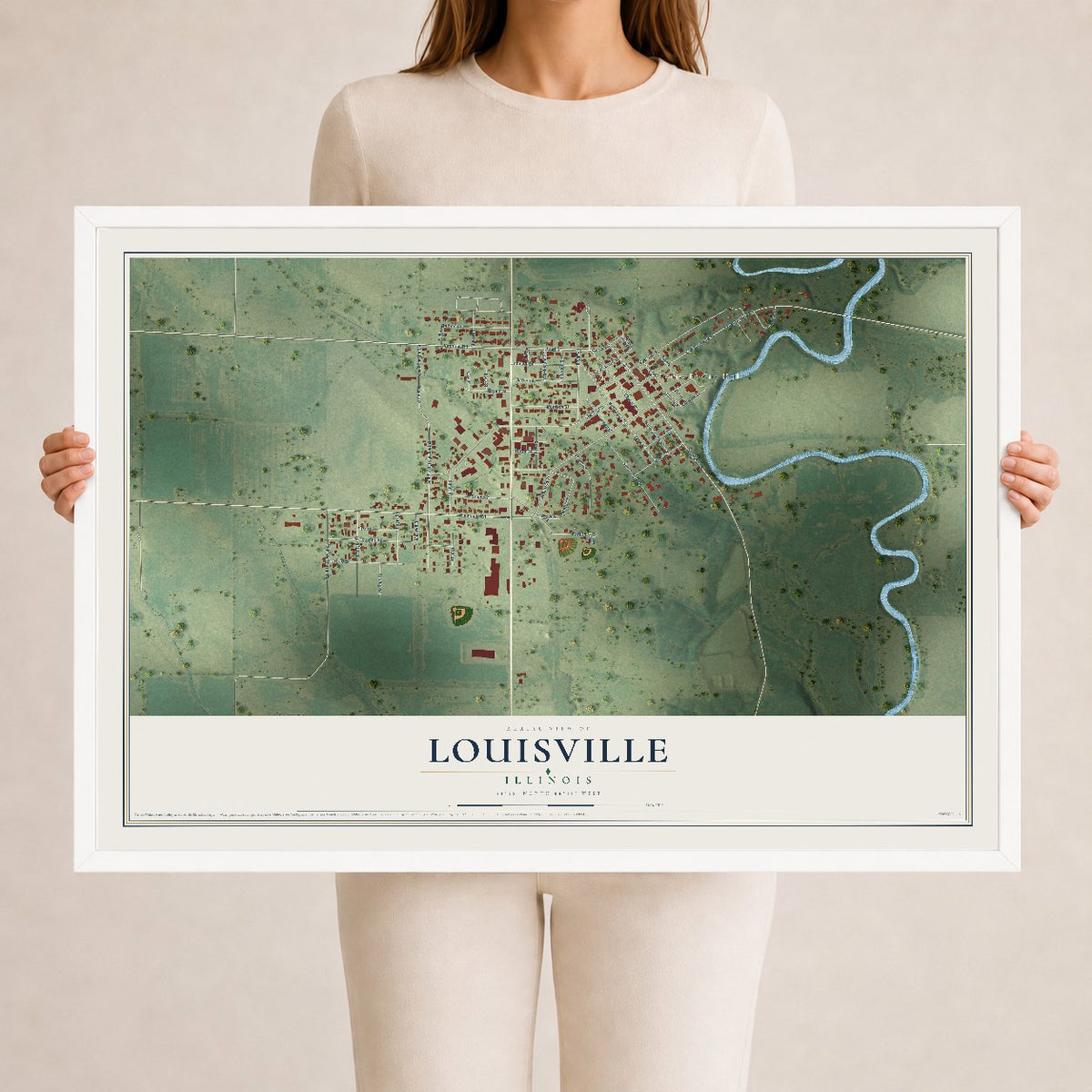 Map of Louisville, Illinois, 24 x 36 inch print in a white wood frame