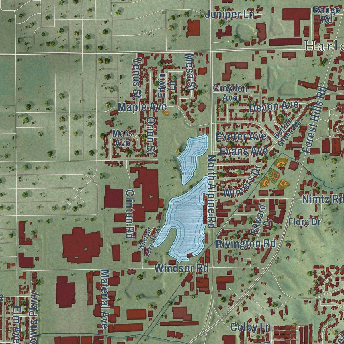 Second close-up of the map of Loves Park, Illinois print showing more streets and buildings